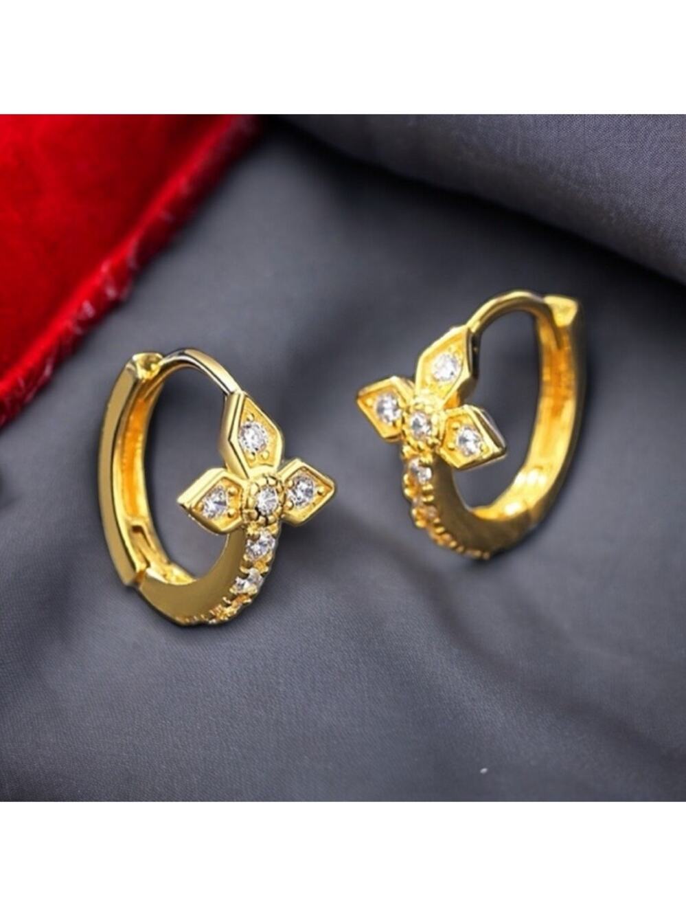 NEW 14K yellow gold pl over sterling silver CZ hoop cross earrings jewelry B5A